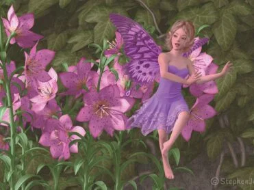 Doing what fairies do best, a fairy dances and flutters unnoticed among the garden’s flowers and ivy. A digital painting by Stephen John Smith.