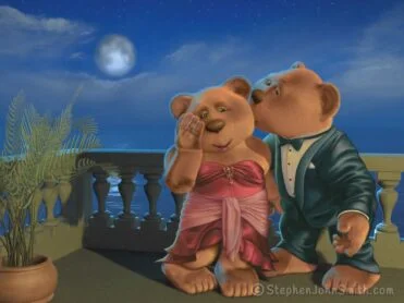 On a moonlit balcony overlooking a tranquil sea, a dapper bear steals a kiss from his lovely companion. A digital painting by Stephen John Smith.