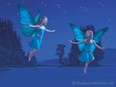 Over calm and night shrouded water, two fairies set out on an adventure to fly from one side of the lake to the other. A digital painting by Stephen John Smith.