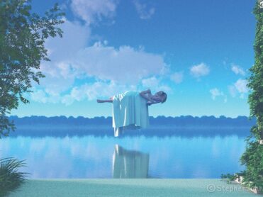 A slumbering boy, draped in a hanging sheet, floats above a tranquil lake in a serene landscape. A digital painting by Stephen John Smith.