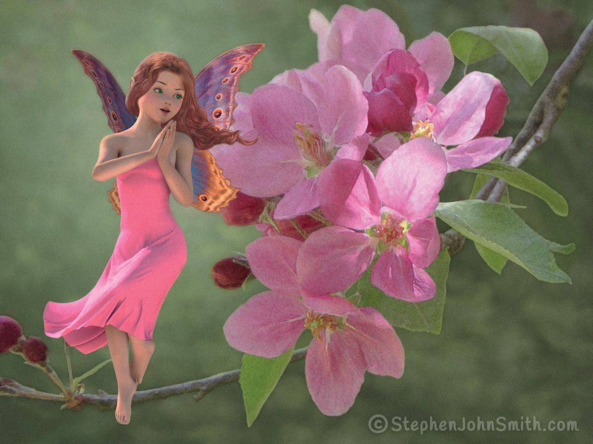 A fairy wearing a flowing dress joyfully dances through the air in front of a profusion of blossoms. A digital painting by Stephen John Smith