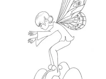 Standing on a cluster of elongated mushrooms, a fairy bends forward and gestures with his hands. A digital drawing by Stephen John Smith.