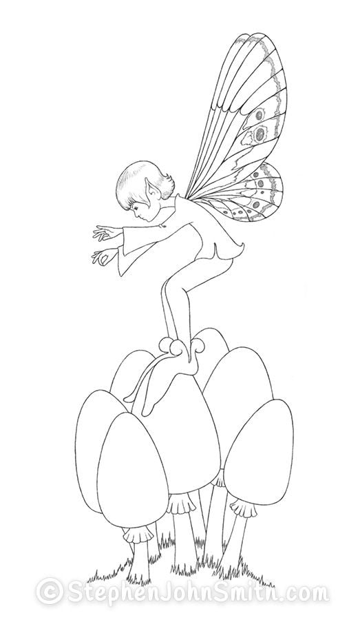 Standing on a cluster of elongated mushrooms, a fairy bends forward and gestures with his hands. A digital drawing by Stephen John Smith.