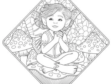 A boy fairy sits cross-legged on a mushroom looking into the distance. Decorative flower background. A digital drawing by Stephen John Smith.