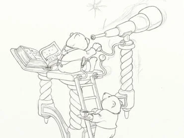 A bear climbs a ladder to bring a fellow astronomer, perched high on an exotic viewing platform, a cup of tea. A digital drawing by Stephen John Smith.