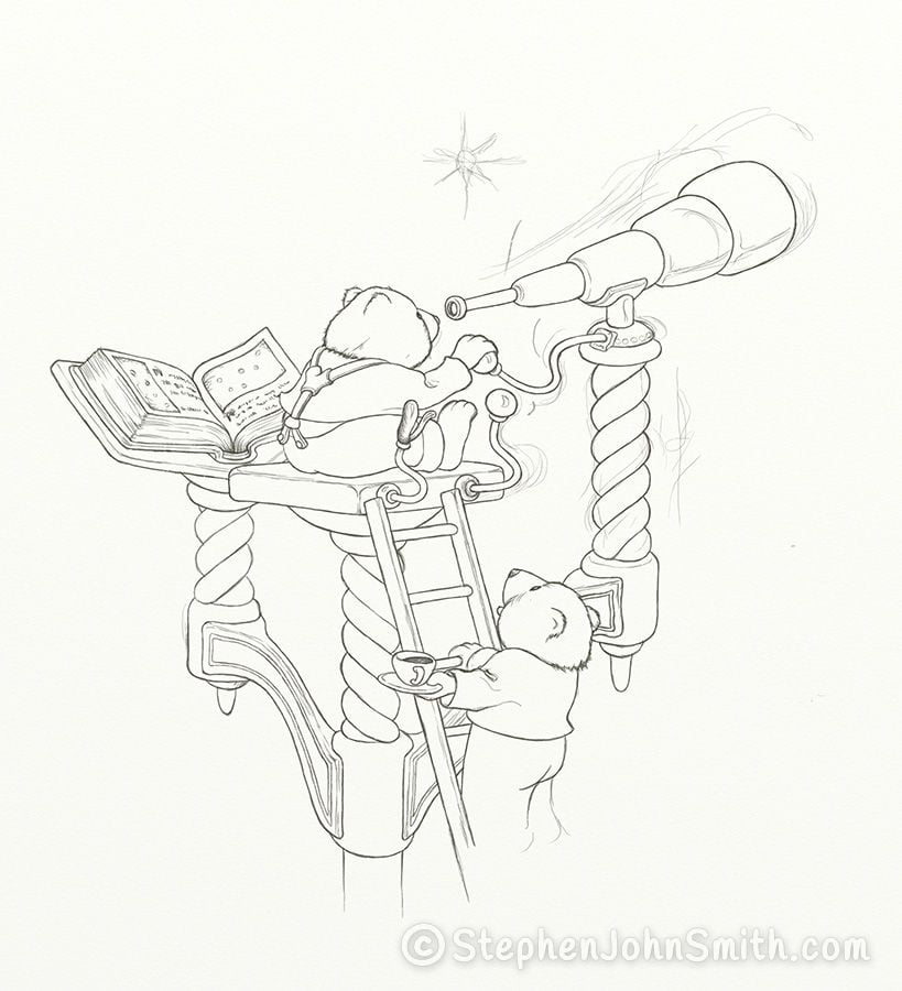 A bear climbs a ladder to bring a fellow astronomer, perched high on an exotic viewing platform, a cup of tea. A digital drawing by Stephen John Smith.