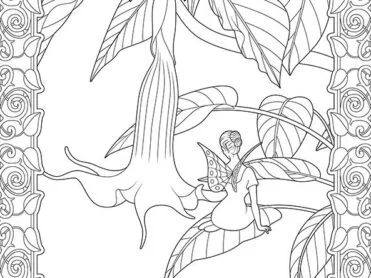 A fairy sits on a datura leaf next to a hanging datura flower. Decorative leaf and swirls border. A digital drawing by Stephen John Smith.