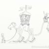 A sultan rides atop a camel-like creature, accompanied by a guard with a shield and spear and a subject leading the creature. A digital drawing by Stephen John Smith.