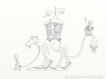 A sultan rides atop a camel-like creature, accompanied by a guard with a shield and spear and a subject leading the creature. A digital drawing by Stephen John Smith.
