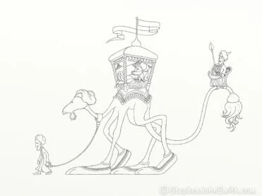 A sultan rides atop a camel-like creature, accompanied by a guard with a shield and spear and a subject leading the creature. A digital drawing by Stephen John Smith.