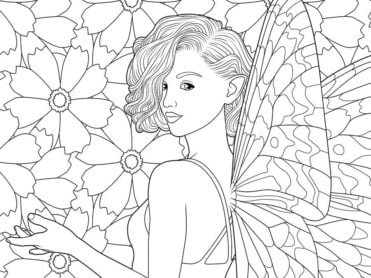 Against a backdrop of decorative flowers, a fairy stands looking over her shoulder at the audience. A digital drawing by Stephen John Smith.