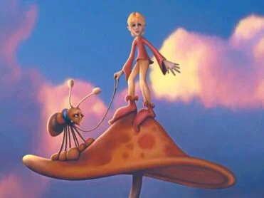 A tiny elf and his pet bug take a rest from their evening walk, standing for a moment on top of a mushroom. A digital painting by Stephen John Smith.