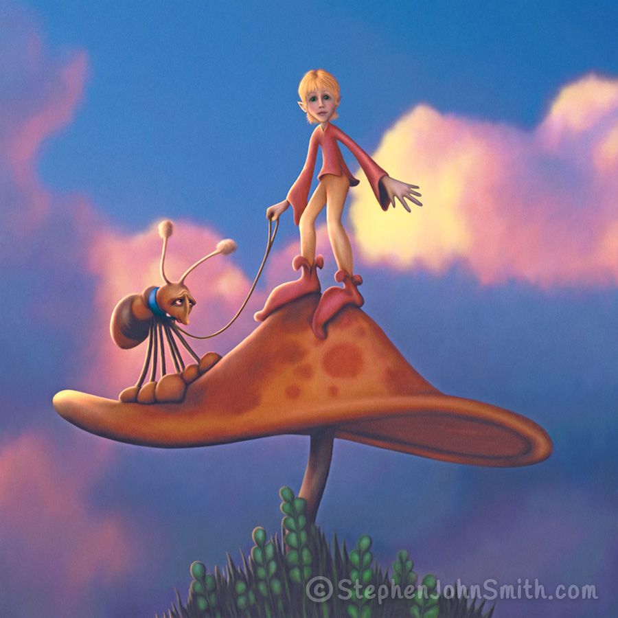 A tiny elf and his pet bug take a rest from their evening walk, standing for a moment on top of a mushroom. A digital painting by Stephen John Smith.