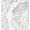A sophisticated fairy languidly poses in front of a decorative montage of flowers. A digital drawing by Stephen John Smith.