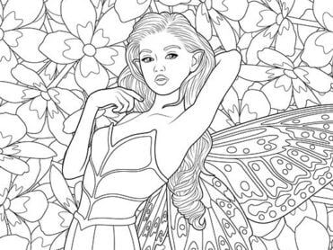 A sophisticated fairy languidly poses in front of a decorative montage of flowers. A digital drawing by Stephen John Smith.