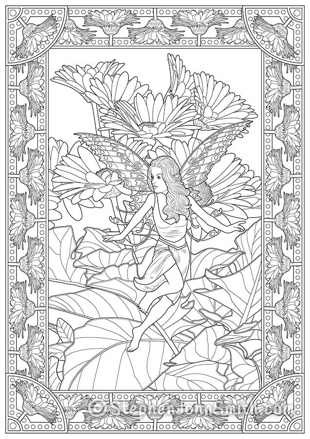 A fairy turns in mid-flight as she passes in front of daisies. Decorative daisy border. A digital drawing by Stephen John Smith.