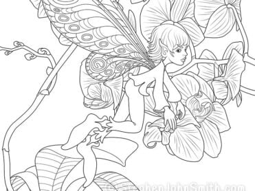 Leaning forward into his flight, a fairy flies past a glorious orchid plant. A digital drawing by Stephen John Smith.