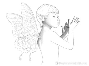 A short-haired fairy looks off into the distance and claps. A digital drawing by Stephen John Smith.