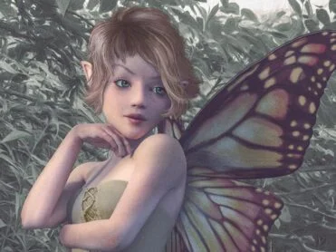 Deep in the overgrown and unruly woods, a fairy stands in a pensive mood, her gaze unfocused and her thoughts far away. A digital painting by Stephen John Smith.