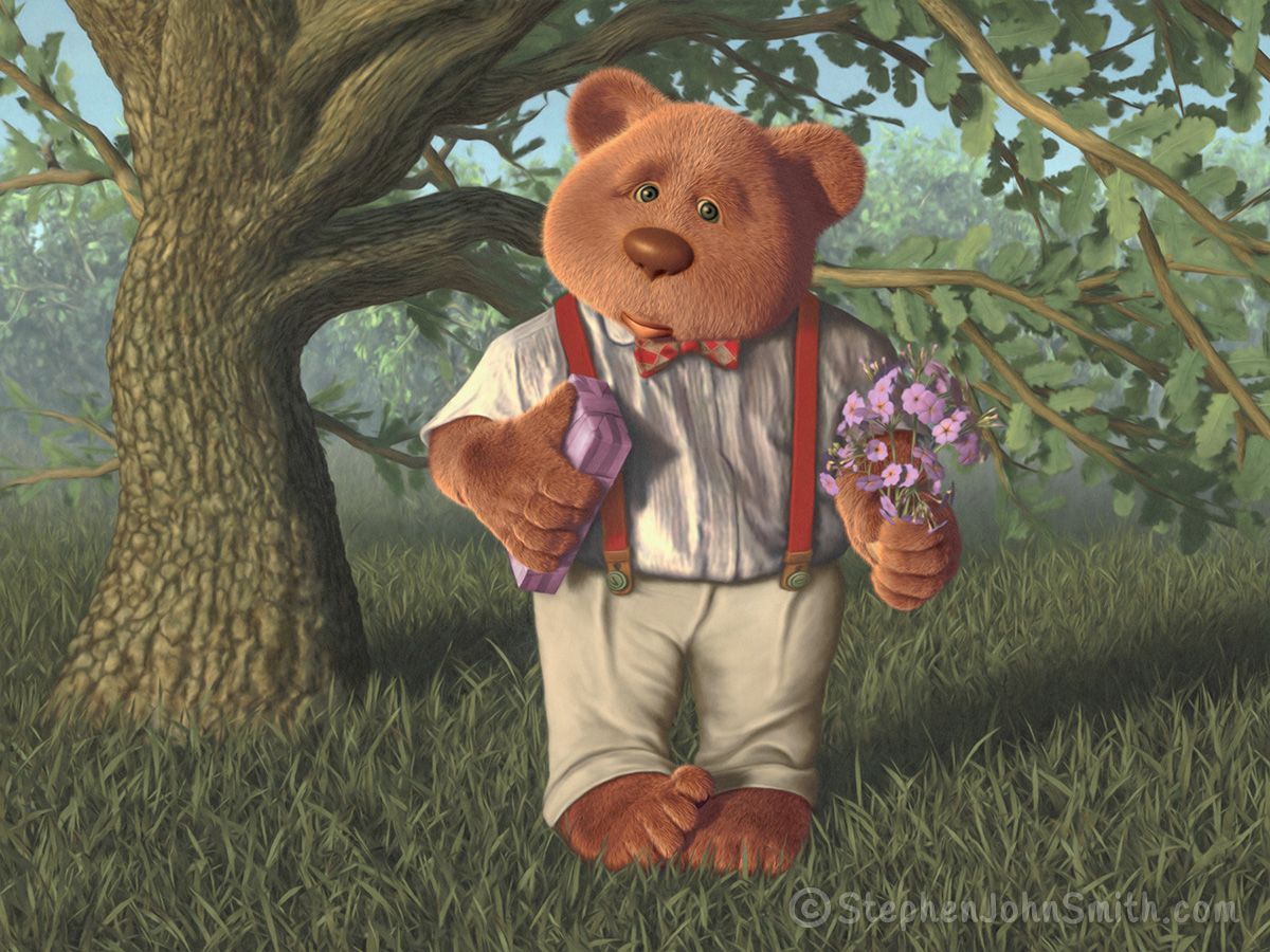 Standing in front of an old tree, a worried-looking bear clutches flowers and a box of candy. A digital painting by Stephen John Smith.