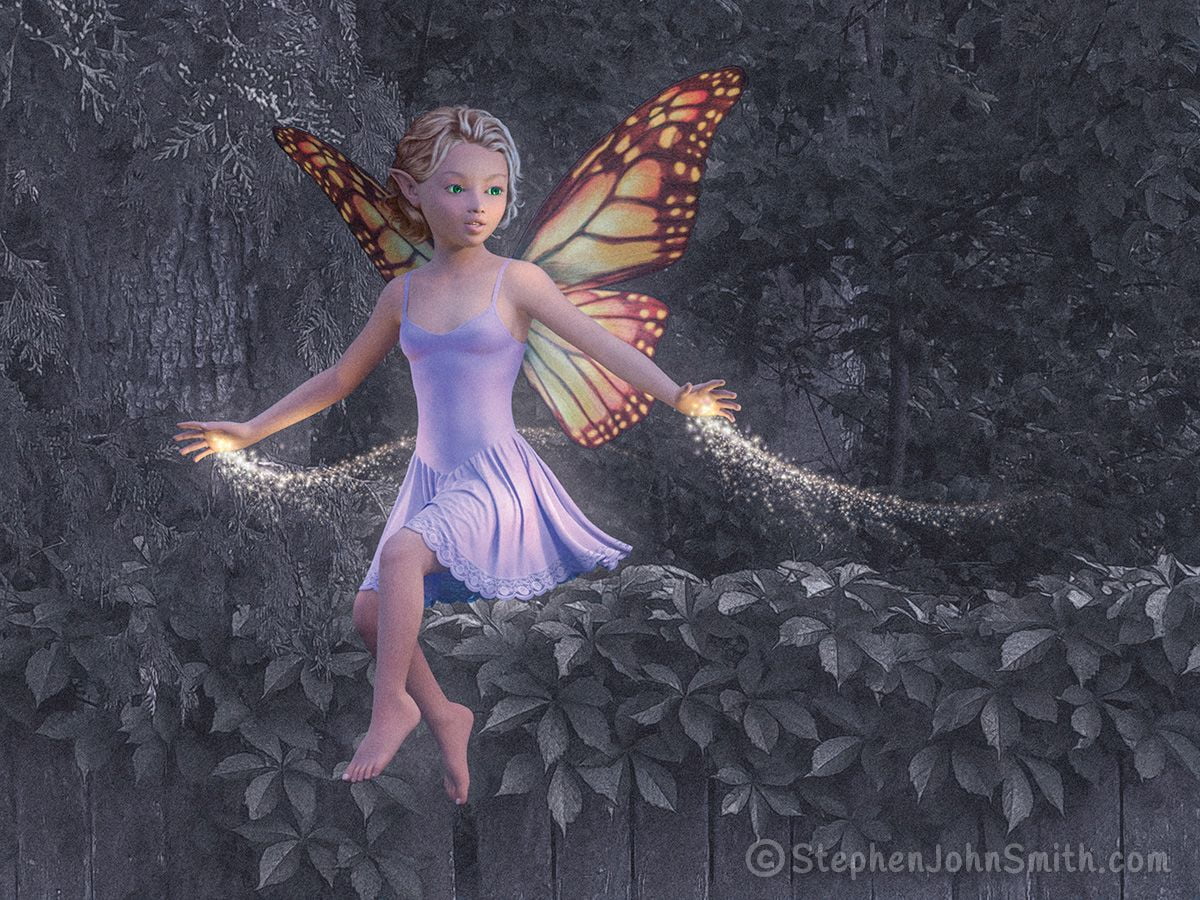 Flying out of the nighttime woods and into a garden, a fairy spreads sparkling fairy dust from her hands. A digital painting by Stephen John Smith.