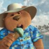 In a sunny tropical location, a bear wearing a colorful shirt and wide-brimmed hat slurps on an ice cream cone. A digital painting by Stephen John Smith.