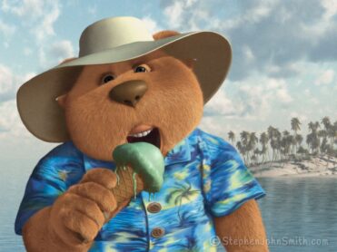 In a sunny tropical location, a bear wearing a colorful shirt and wide-brimmed hat slurps on an ice cream cone. A digital painting by Stephen John Smith.