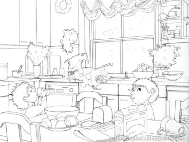 Two boys, brothers, explore the early morning kitchen and all it might offer in the way of yummy treats. A digital drawing by Stephen John Smith.
