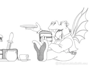 A dragon sitting on the floor and about to eat a slice of cake requests even more by holding out his plate. A digital drawing by Stephen John Smith.
