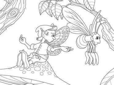 Sitting on a mushroom, a fairy beckons to a passing flying bug, encouraging it to pause and make friends. A digital drawing by Stephen John Smith.