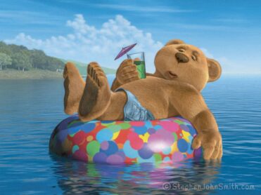 At the height of summer, a bear reclines on a colorful floating inner tube while clutching a cool beverage resting on his chest. A digital painting by Stephen John Smith.