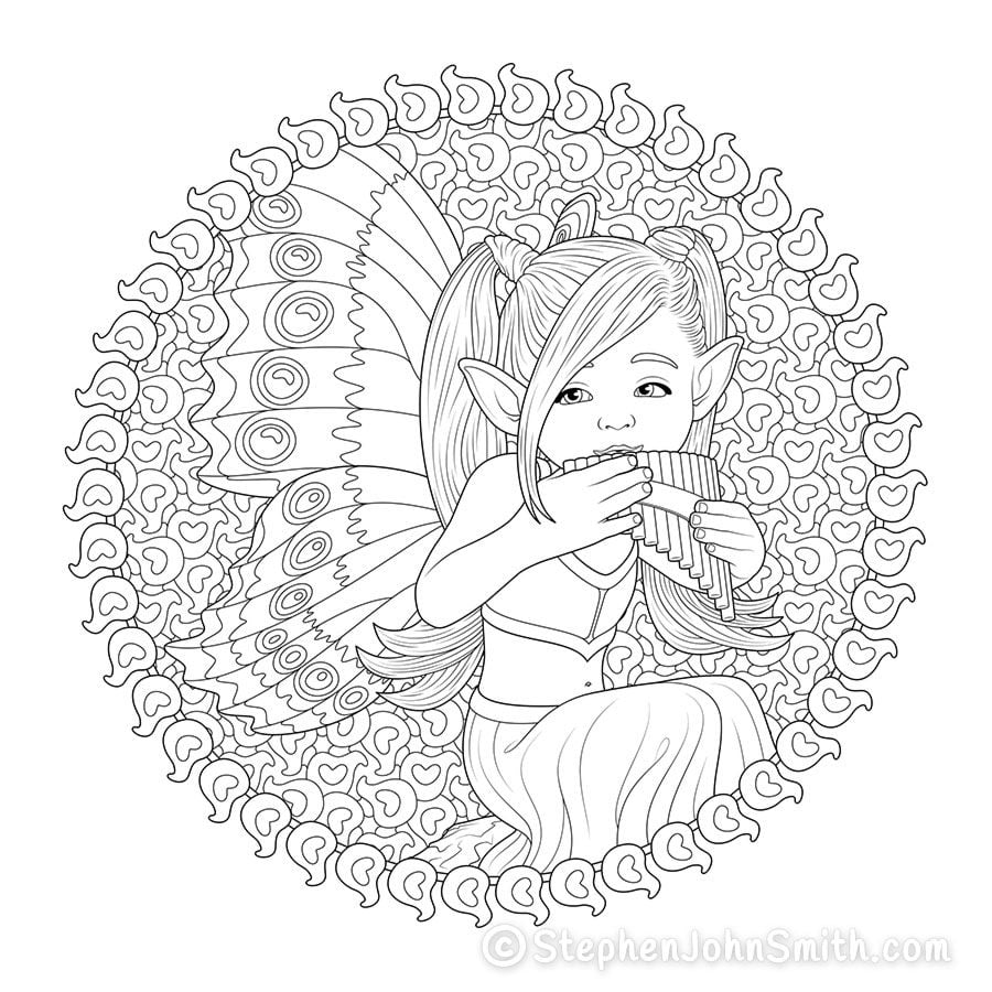 A fairy sits on a rock playing haunting music on panpipes. Decorative circular border and background. A digital drawing by Stephen John Smith.