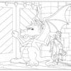 Knocking on the castle door, a disdainful dragon hopes to return a vanquished knight he is holding by his belt. A digital drawing by Stephen John Smith.