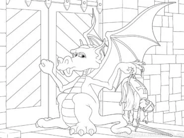 Knocking on the castle door, a disdainful dragon hopes to return a vanquished knight he is holding by his belt. A digital drawing by Stephen John Smith.