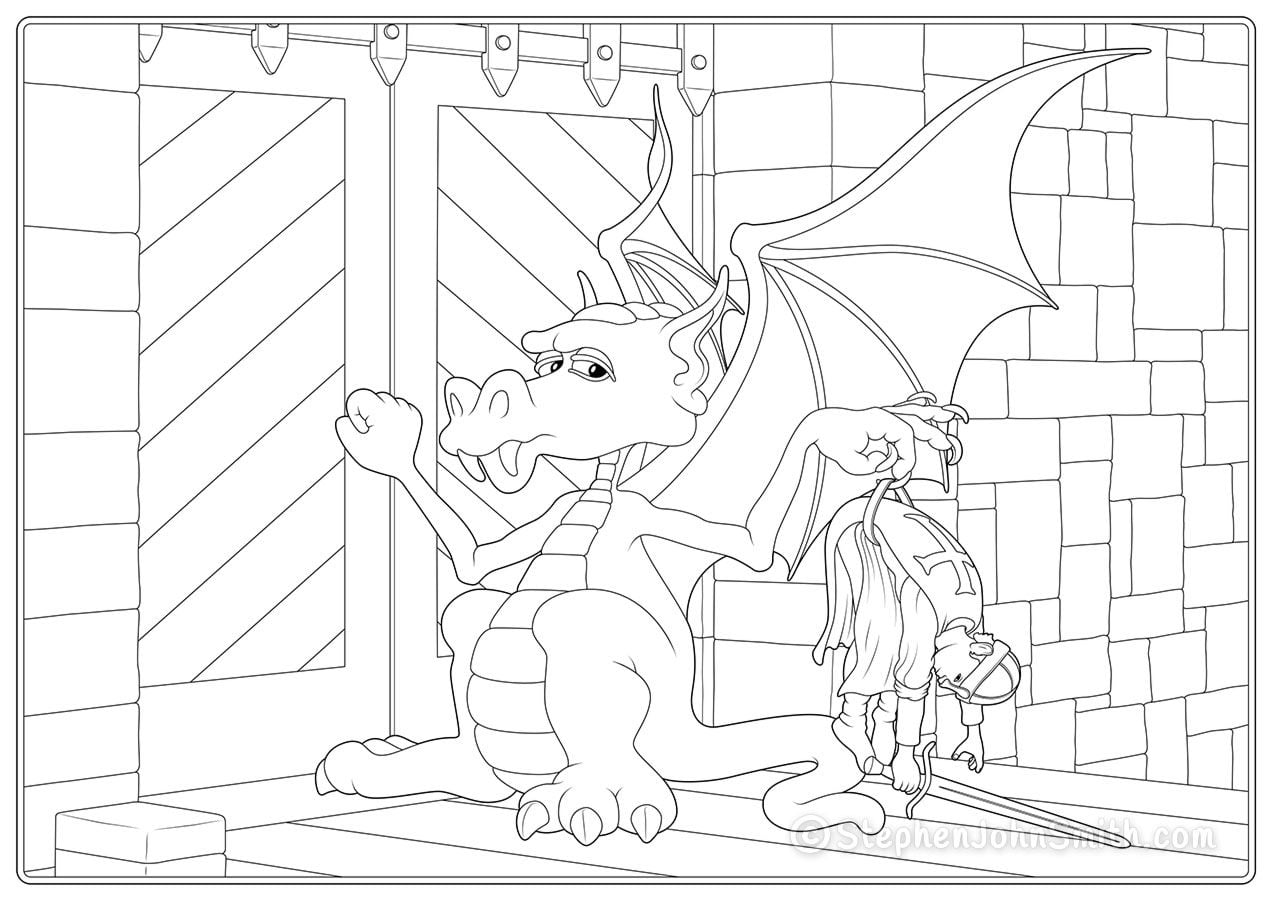 Knocking on the castle door, a disdainful dragon hopes to return a vanquished knight he is holding by his belt. A digital drawing by Stephen John Smith.
