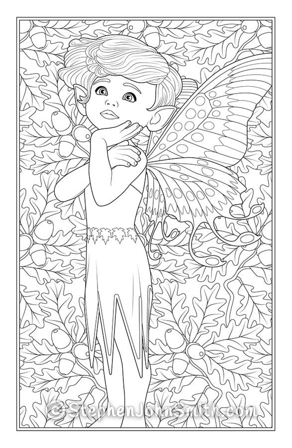 As she stands with one hand on his face, a pixie gazes up at the sky. Decorative acorn motif background. A digital drawing by Stephen John Smith.