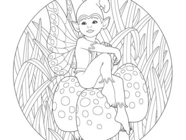 Seated on a mushroom with one leg pulled up, a pixie gazes out across his world. A digital drawing by Stephen John Smith.
