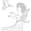 A fairy standing in a long flowing dress releases a dove into the air. A digital drawing by Stephen John Smith.