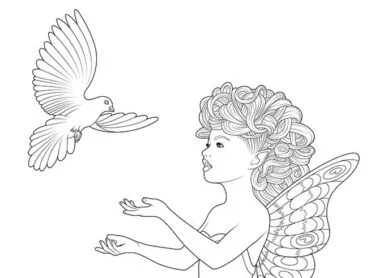 A fairy standing in a long flowing dress releases a dove into the air. A digital drawing by Stephen John Smith.
