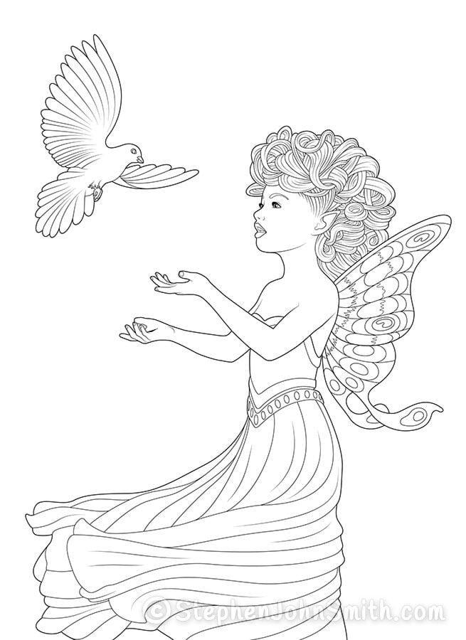 A fairy standing in a long flowing dress releases a dove into the air. A digital drawing by Stephen John Smith.