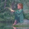 Sitting on a rock in the middle of a peaceful river, a fairy emits energy from her hands to nurture the river and its surroundings. A digital painting by Stephen John Smith.