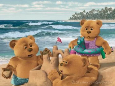 With waves lapping at the shore in the background, two bear cubs build an epic sand castle while a third cub looks on. A digital painting by Stephen John Smith.