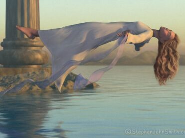 Lying outstretched on her back and completely at ease, a woman floats out across a calm lake. A digital painting by Stephen John Smith.