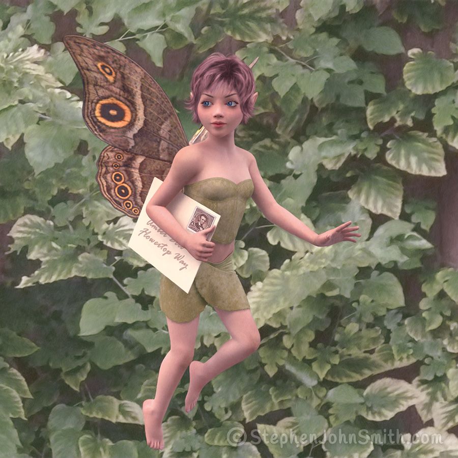 A fairy flies past a wall covered in foliage, clutching a letter that she must deliver on time. A digital painting by Stephen John Smith.