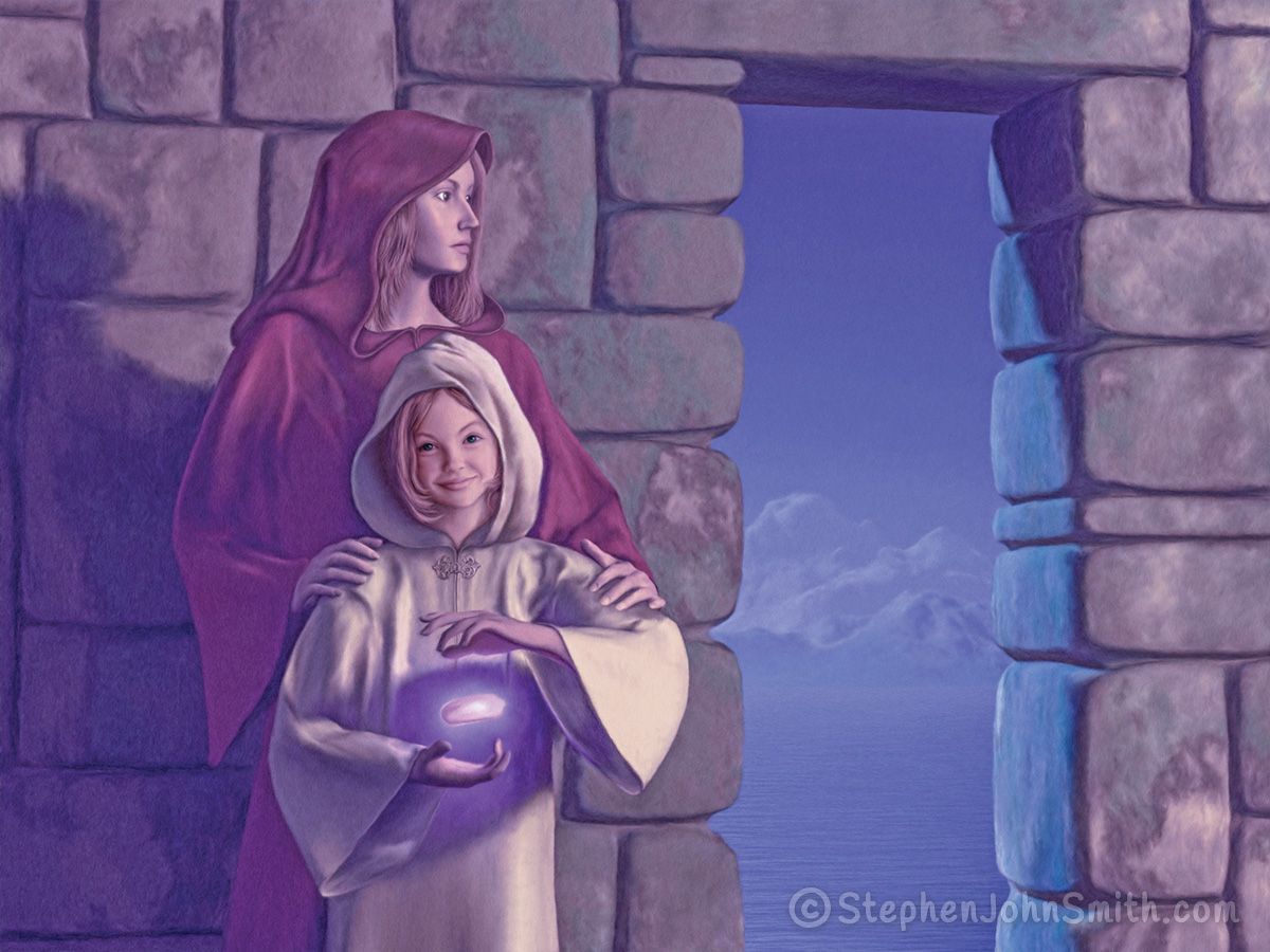 Within the stone walls of an ancient structure, and accompanied by her teacher, a young girl displays her magical skills. A digital painting by Stephen John Smith.