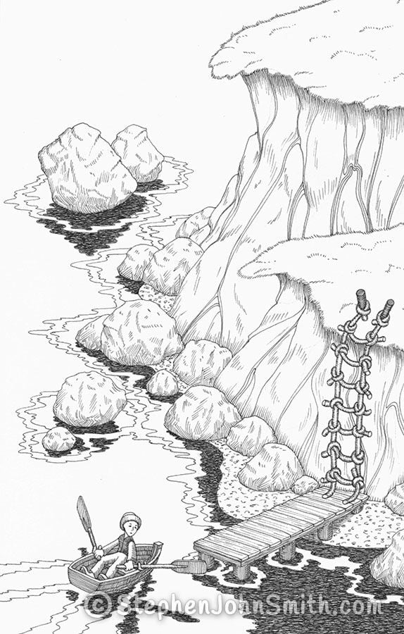 Approaching cliffs and a rocky shoreline, a character rows a small boat in towards a jetty. A digital drawing by Stephen John Smith.
