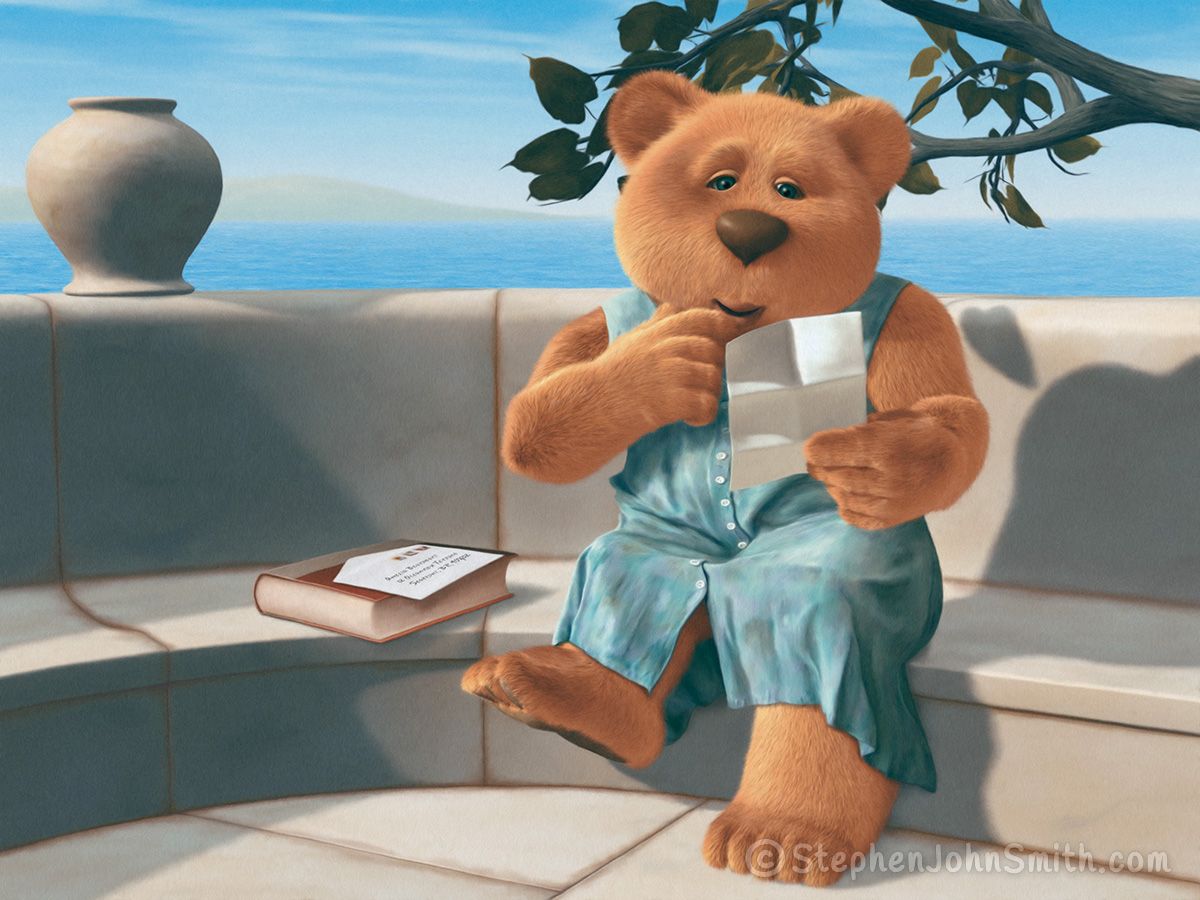 With a calm blue ocean behind her, a female bear sits on a marble bench and reads a letter from home. A digital painting by Stephen John Smith.