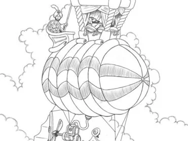 Aloft in the air in his private dirigible, a Sultan relaxes beneath a canopy while his guard holds a spear and his pilot peddles. A digital drawing by Stephen John Smith.