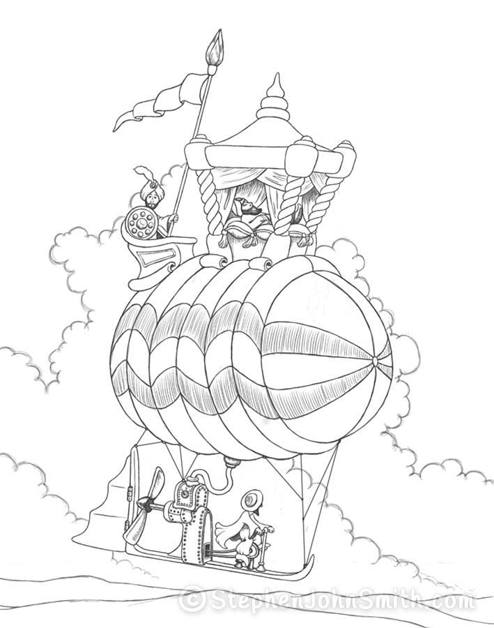 Aloft in the air in his private dirigible, a Sultan relaxes beneath a canopy while his guard holds a spear and his pilot peddles. A digital drawing by Stephen John Smith.
