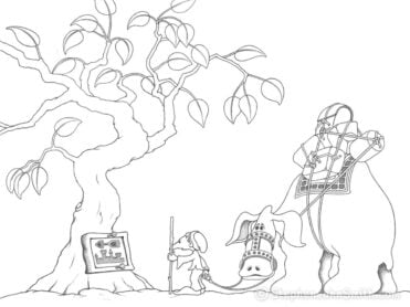 A character leading a pack animal creature pauses at a tree on which a direction map hangs. A digital drawing by Stephen John Smith.